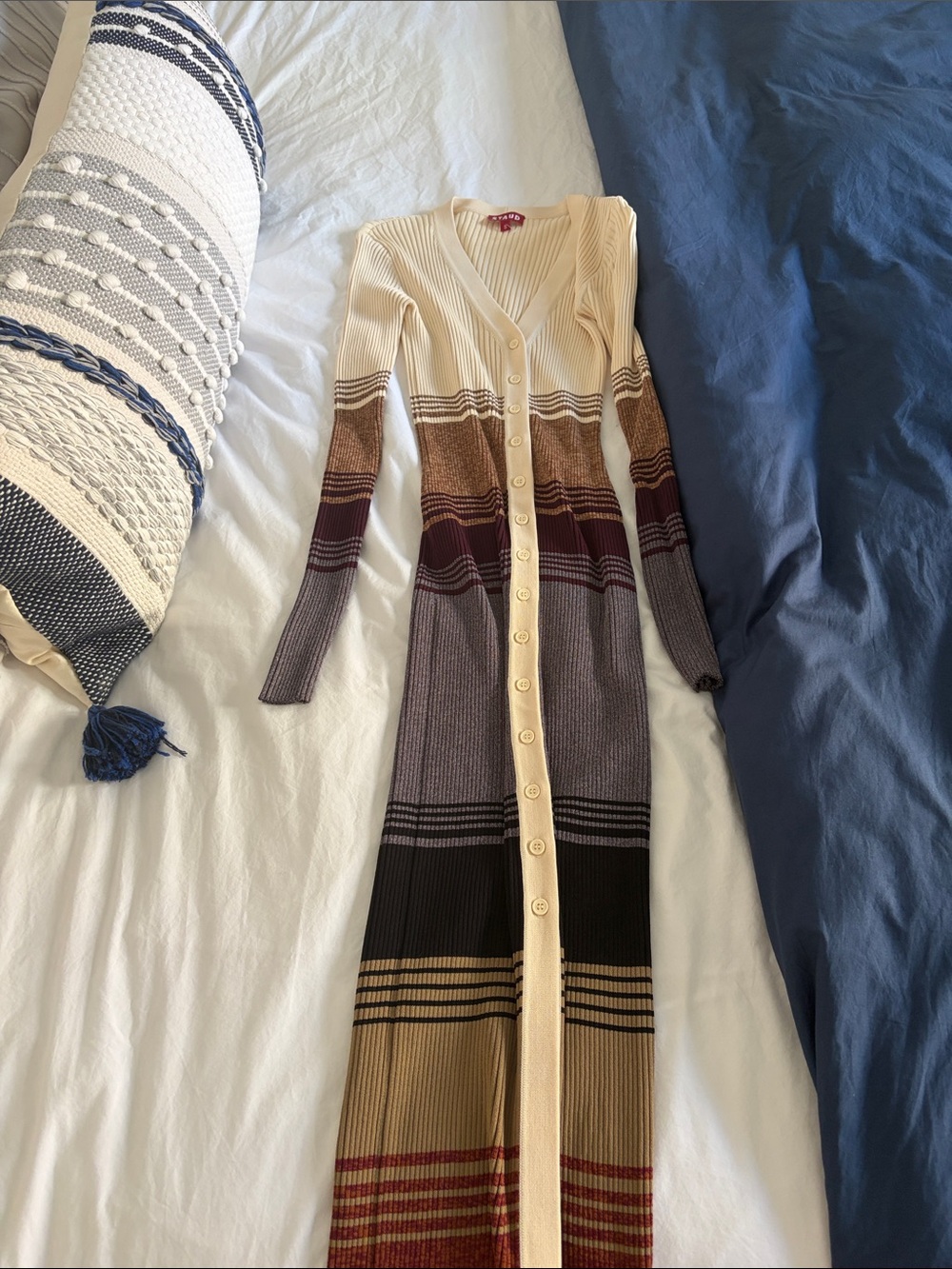 STAUD Cream Multicolor Ribbed Button-Front Maxi sweater dress